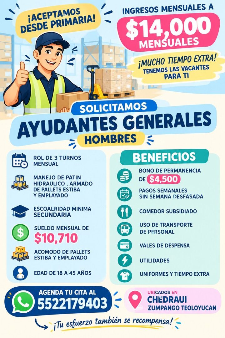 Banner del anuncio de la vacante: ¡ACEPTAMOS · DESDE PRIMARIA! · INGRESOS MENSUALES A · $14,000 · MENSUALES · ¡MUCHO TIEMPO EXTRA! · TENEMOS LAS VACANTES · PARA TI · SOLICITA