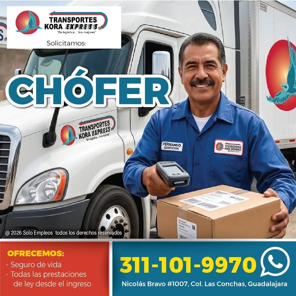 Banner del anuncio de la vacante: TRANSPORTES · KORA EXPRES SI · *En logística... los mejores" · Solicitamos: · CHOFER · TRANSPORTES · KORA EAPRESS, · "Er apota, bangter" · P