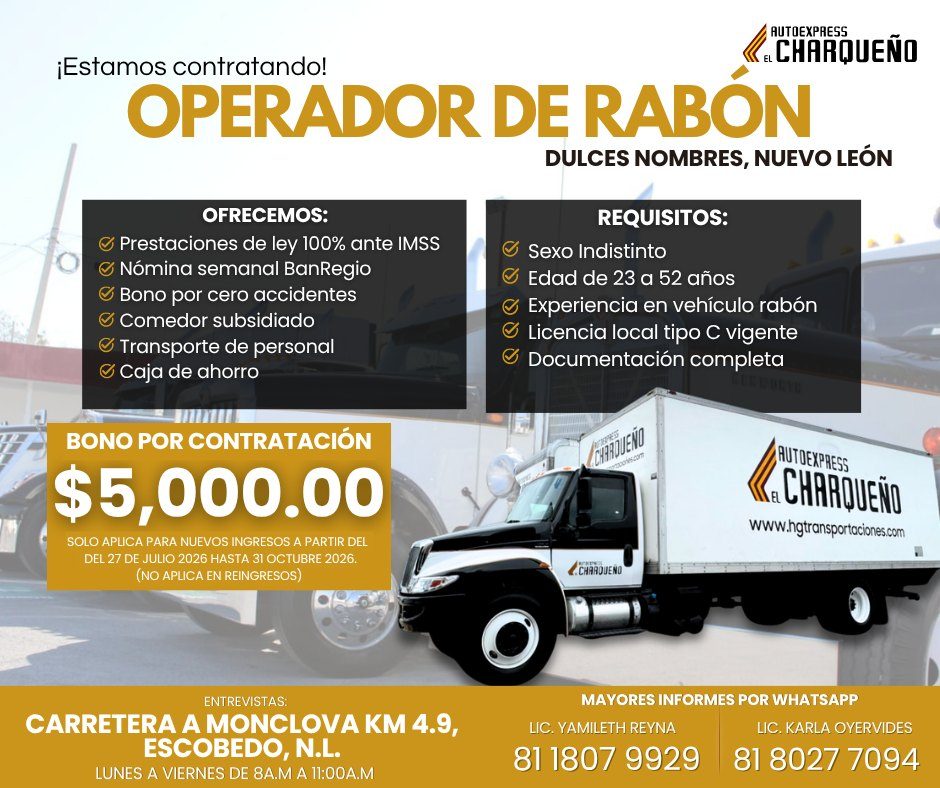 Banner del anuncio de la vacante: AUTOEXPRESS · & CHARQUEÑO · ¡Estamos contratando! · OPERADOR DE RABÓN · DULCES NOMBRES, NUEVO LEÓN · REQUISITOS: · Sexo Indistinto · Edad de