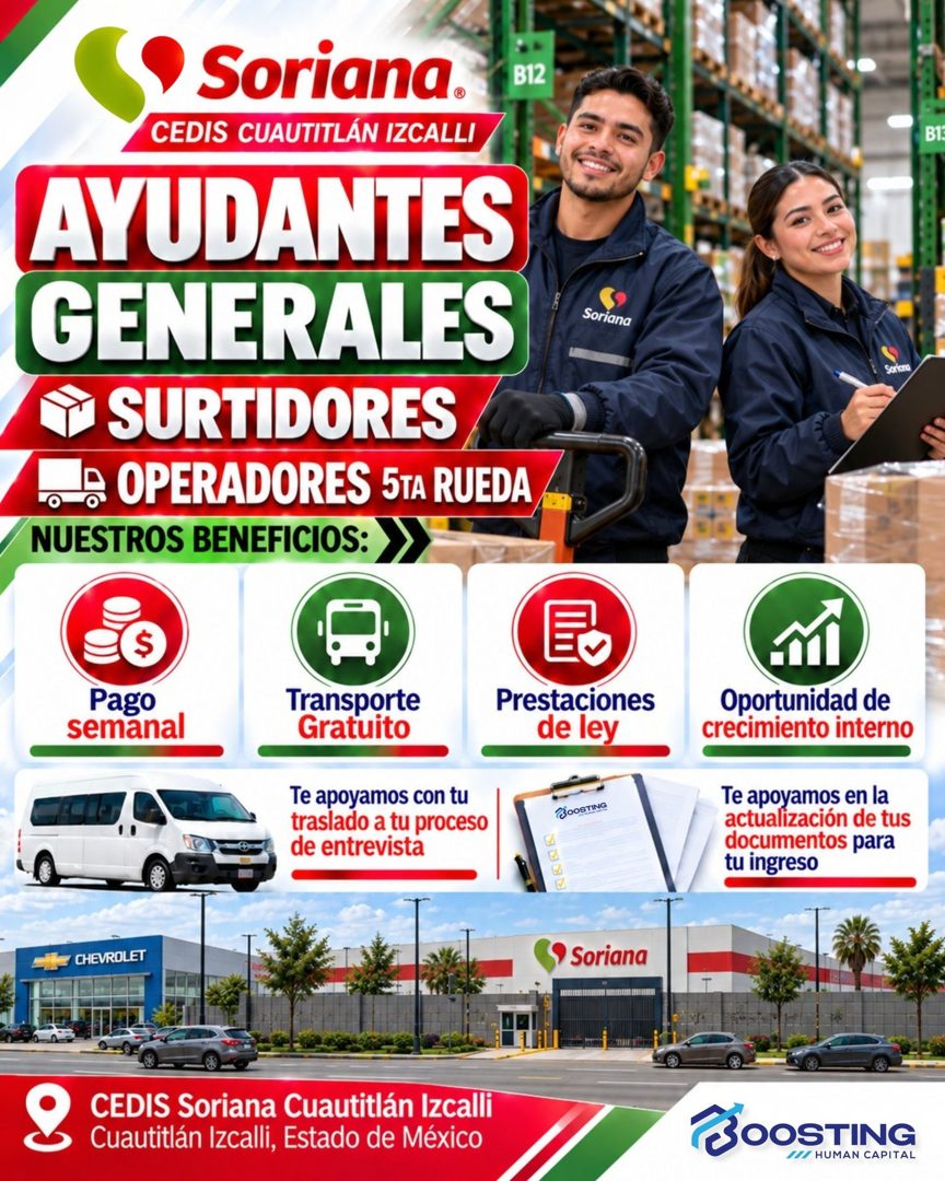 Banner del anuncio de la vacante: Soriana. · B12 · CEDIS CUAUTITLÁN IZCALLI · AYUDANTES · GENERALES · SURTIDORES · • • OPERADORES 5TA RUEDA · NUESTROS BENEFICIOS: · BT · Sori
