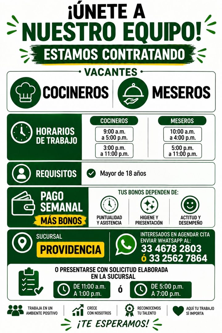 Banner del anuncio de la vacante: ¡ÚNETE A · NUESTRO EQUIPO! · ESTAMOS CONTRATANDO · • VACANTES • · COCINEROS · MESEROS · HORARIOS · DE TRABAJO · COCINEROS · 9:00 a.m. · a 5: