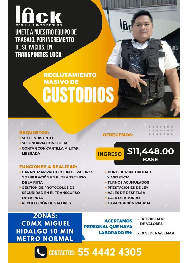 Banner del anuncio de la vacante: lAck · POR UN MUNDO SEGURO · UNETE A NUESTRO EQUIPO DE · TRABAJO, POR INCREMENTO · DE SERVICIOS, EN · TRANSPORTES LOCK · POR UN MUNDE · PA D