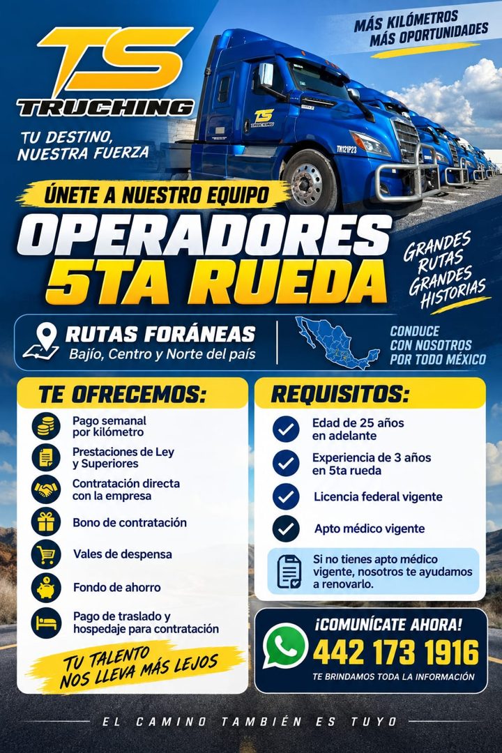 Banner del anuncio de la vacante: MÁS KILÓMETROS · MÁS OPORTUNIDADES · TRUCHING · TU DESTINO, · NUESTRA FUERZA · ENLUCKING · TRI21P23 · ÚNETE A NUESTRO EQUIPO · OPERADORES · 