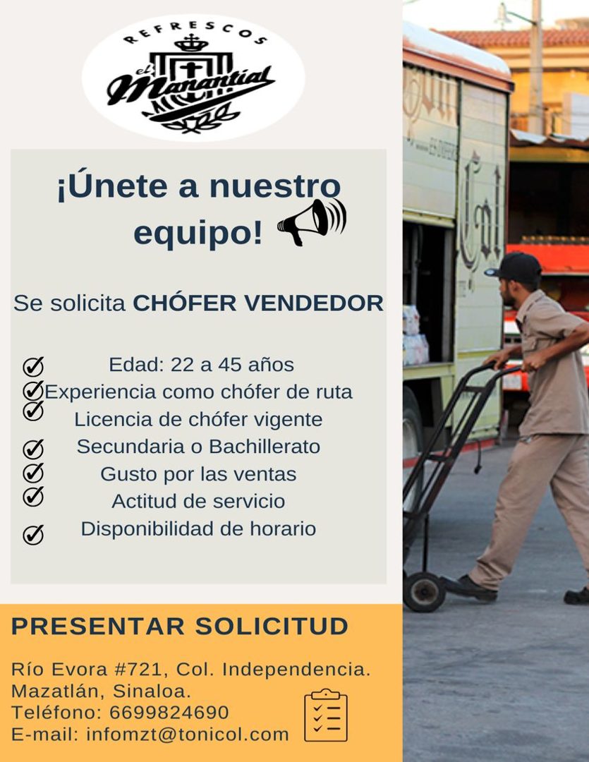 Banner del anuncio de la vacante: REFRESCOS · 0. · ¡Únete a nuestro · equipo! · Se solicita CHÓFER VENDEDOR · Edad: 22 a 45 años · Experiencia como chófer de ruta · Licencia 