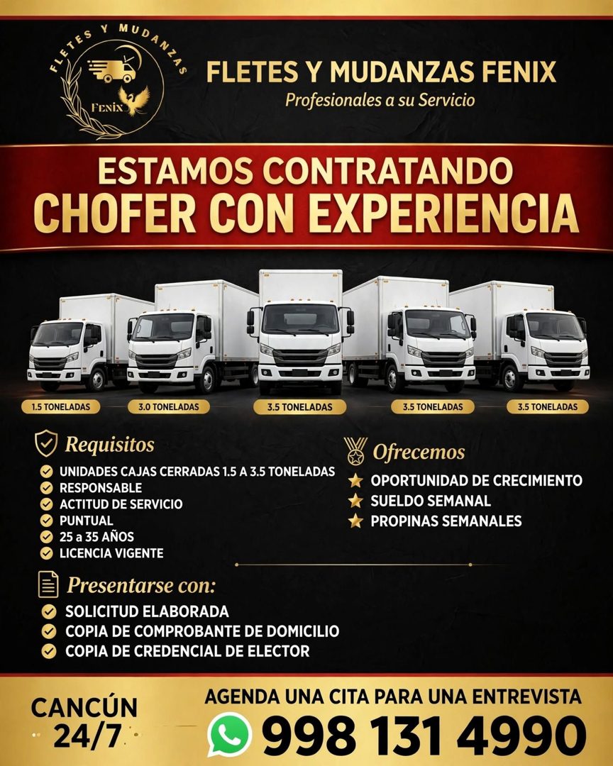Banner del anuncio de la vacante: FENIN · FLETES Y MUDANZAS FENIX · Profesionales a su Servicio · ESTAMOS CONTRATANDO · CHOFER CON EXPERIENCIA · 1.5 TONELADAS · 3.0 TONELADAS