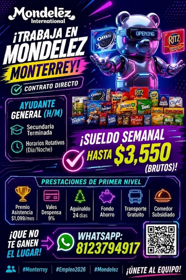 Banner del anuncio de la vacante: Mondelez, · International · iTRABAJA EN · MONDELEZ · MONTERREY! · CONTRATO DIRECTO · AYUDANTE · GENERAL (H/M) · Secundaria · Terminada · Hor