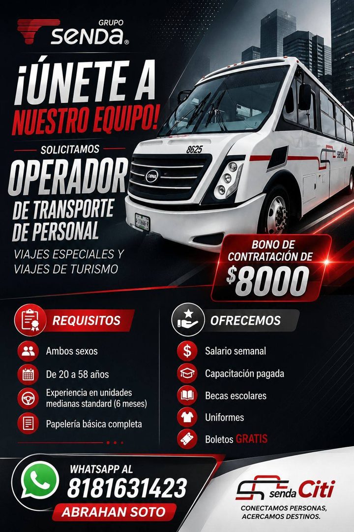 Banner del anuncio de la vacante: GRUPO · SeNDa. · ¡ÚNETE A · NUESTRO EQUIPO!, · SOLICITAMOS · OPERADOR · DINA · DE TRANSPORTE · DE PERSONAL · VIAJES ESPECIALES Y · VIAJES DE