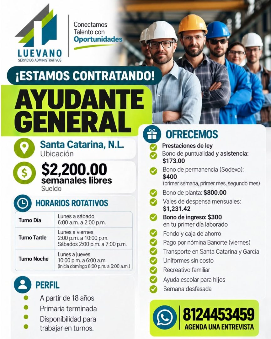 Banner del anuncio de la vacante: Conectamos · Talento con · Oportunidades · LUEVANO · SERVICIOS ADMINISTRATIVOS · ¡ESTAMOS CONTRATANDO! · AYUDANTE · GENERAL · Santa Catarina