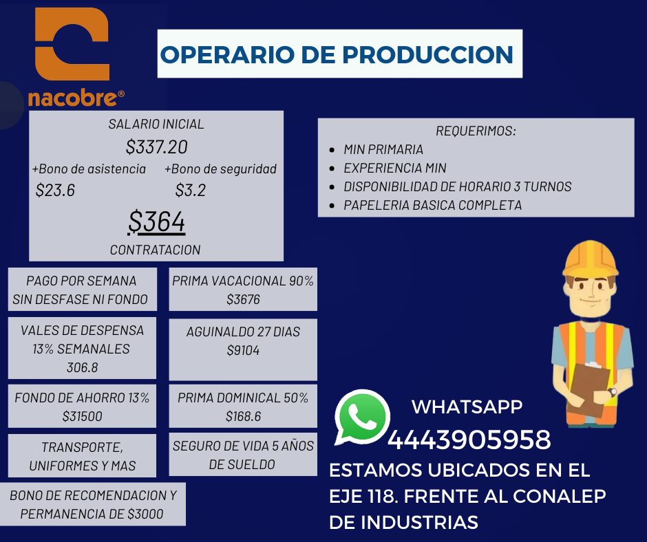 Banner del anuncio de la vacante: OPERARIO DE PRODUCCION · nacobre® · +Bono de asistencia · $23.6 · SALARIO INICIAL · $337.20 · +Bono de seguridad · $3.2 · $364 · CONTRATACIO