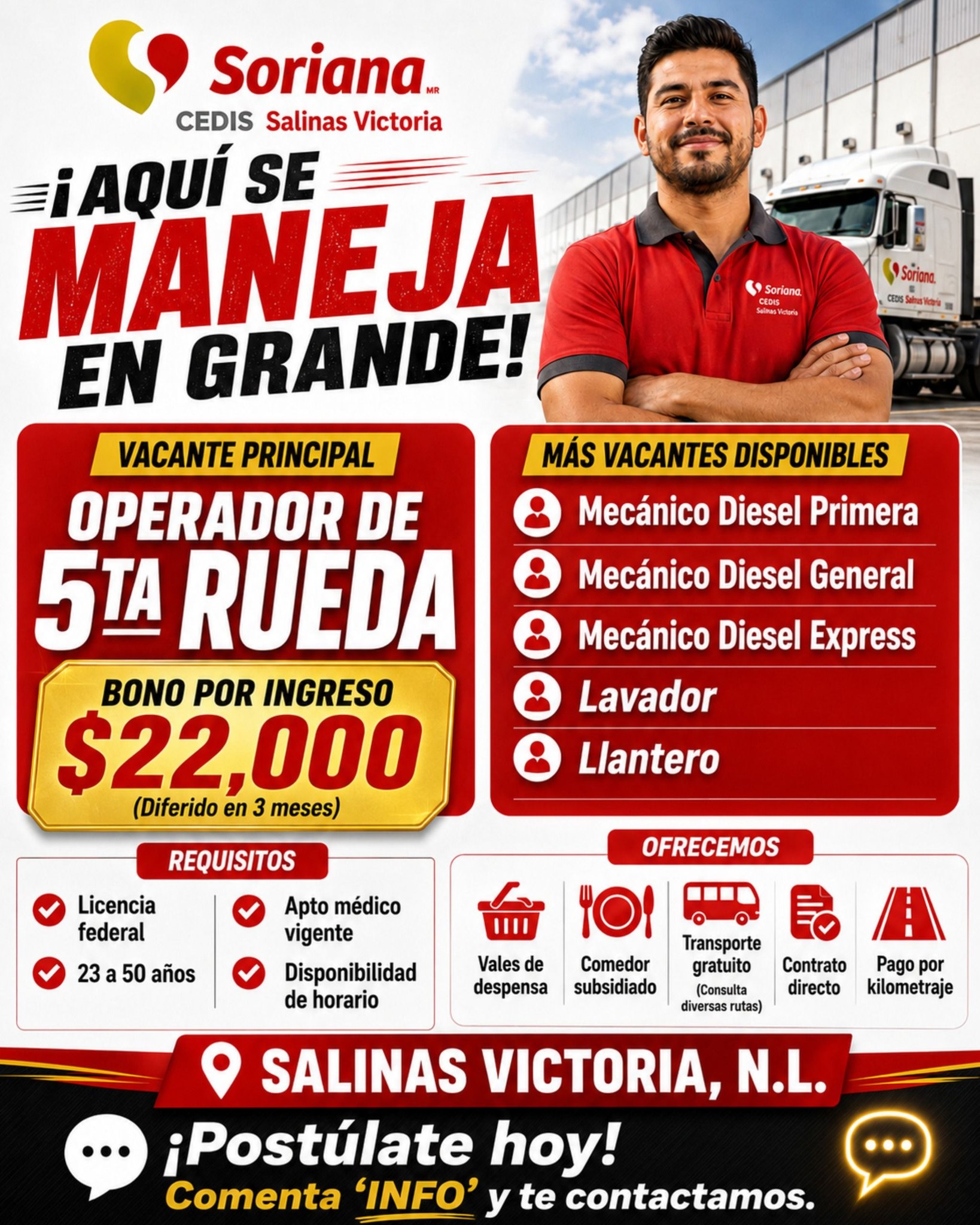Banner del anuncio de la vacante: Soriana. · CEDIS Salinas Victoria · ¡AQUÍ SE · MANEJA · EN GRANDE! · Soriana. · CEOIS · Selmas Vetaris · Soriona. · CEDS Selmas Vicaria · VA