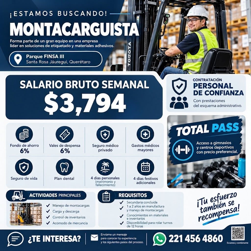 Banner del anuncio de la vacante: ¡ESTAMOS BUSCANDO! - · MONTACARGUISTA · Forma parte de un gran equipo en una empresa · líder en soluciones de etiquetado y materiales adhesi