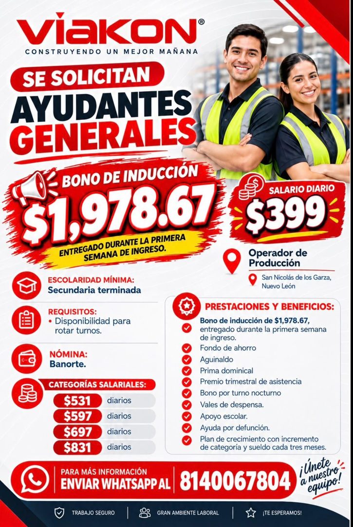 Banner del anuncio de la vacante: ViaKON® · CONSTRUYENDO UN MEJOR MAÑANA · SE SOLICITAN · AYUDANTES · GENERALES · •BONO DE INDUCCIÓN · $1,978.67 · ENTREGADO DURANTE LA PRIMER