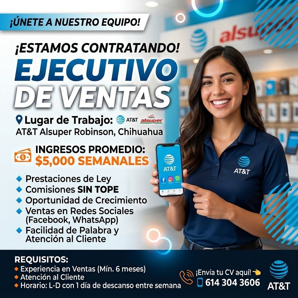 Banner del anuncio de la vacante: ¡ÚNETE A NUESTRO EQUIPO! · alsu · ¡ESTAMOS CONTRATANDO! · EJECUTIVO · DE VENTAS · • Lugar de Trabajo: · AT&T alsuper · AT&T Alsuper Robinson