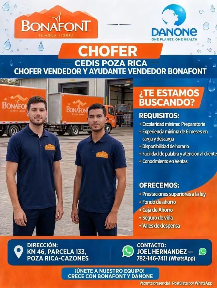 Banner del anuncio de la vacante: BONAFONT · EL AGUA LIGERA · DANONE · ONE PLANET. ONE HEALTH · CHOFER · - CEDIS POZA RICA - · CHOFER VENDEDOR Y AYUDANTE VENDEDOR BONAFONT · 
