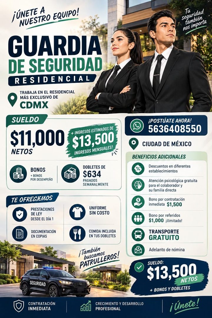 Banner del anuncio de la vacante: jÚNETE A · NUESTRO EQUIPO! · GUARDIA · DE SEGURIDAD · RESIDENCIAL · TRABAJA EN EL RESIDENCIAL · MÁS EXCLUSIVO DE · CDMX · SUELDO · $11,000 $