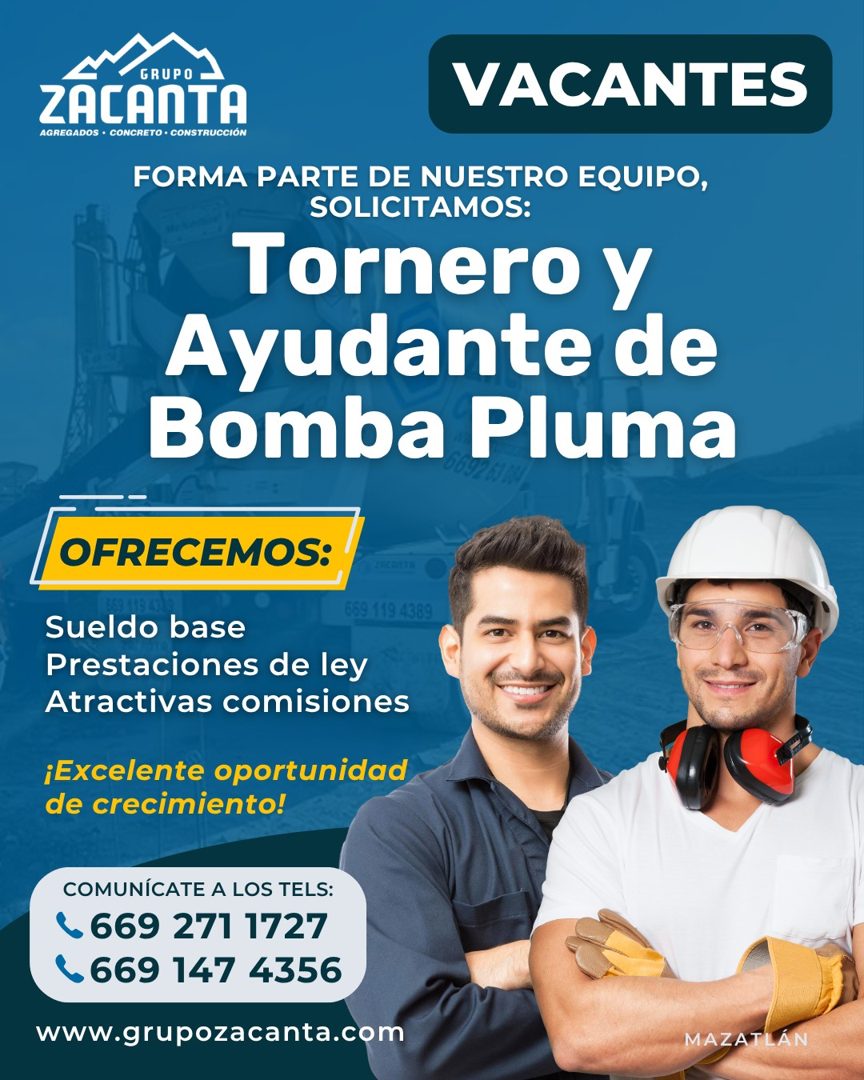 Banner del anuncio de la vacante: GRUPO · ZACANTA · VACANTES · AGREGADOS • CONCRETO • CONSTRUCCIÓN · FORMA PARTE DE NUESTRO EQUIPO, · SOLICITAMOS: · Tornero y · Ayudante de ·