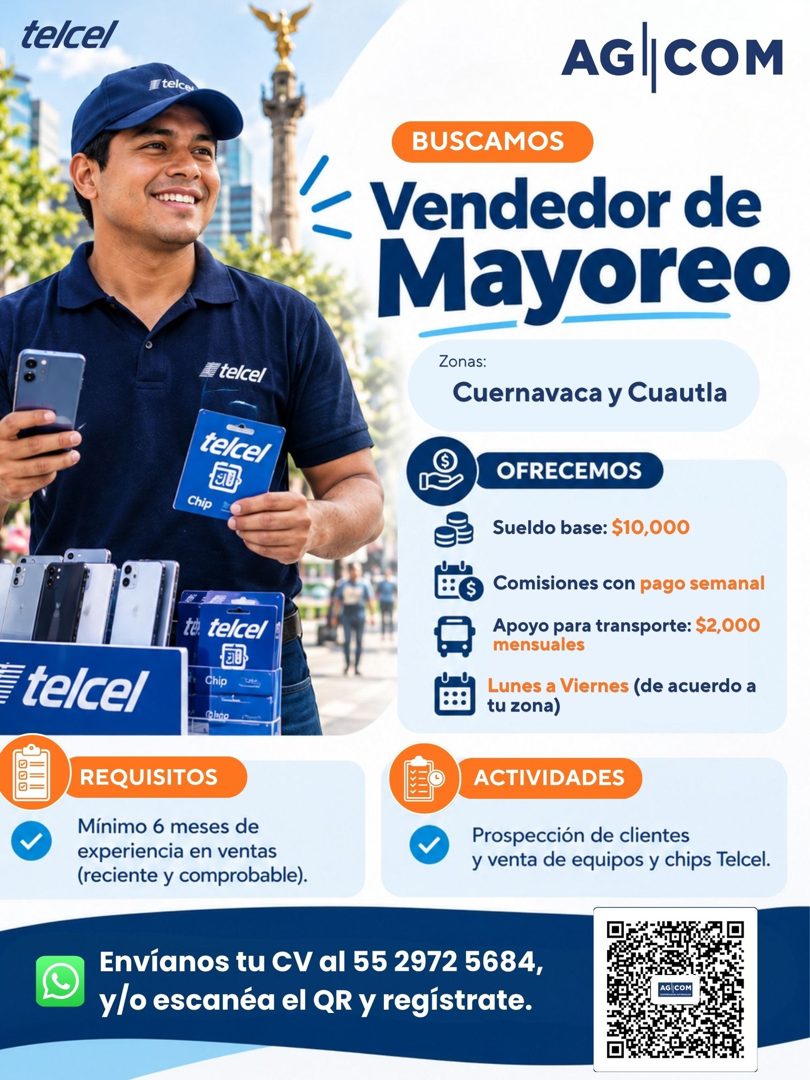 Banner del anuncio de la vacante: te/cel · /telcer · AGI COM · telcel · BUSCAMOS · /< Vendedor de · Mayoreo · Zonas: · Cuernavaca y Cuautla · telcel · Chip · telcel · te telc