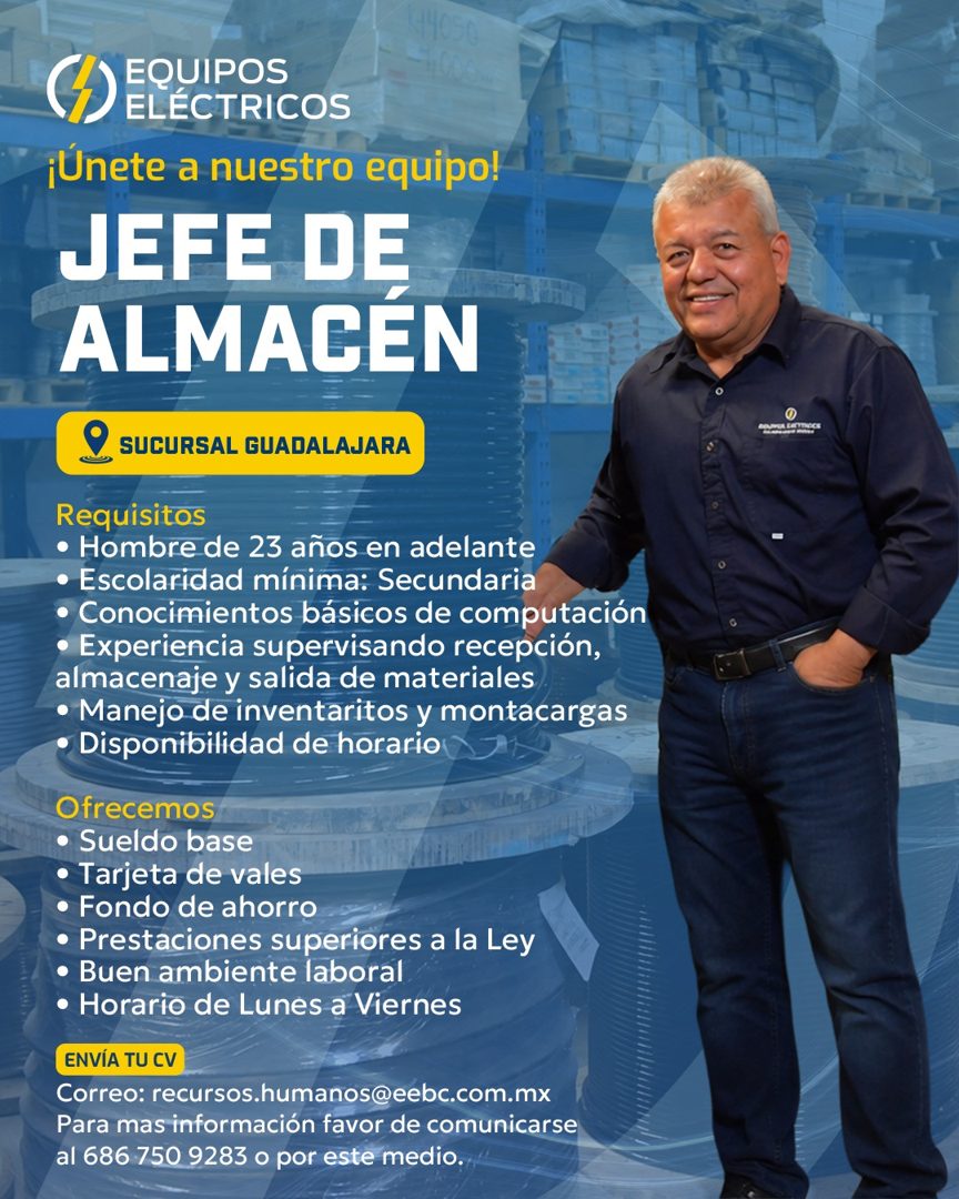 Banner del anuncio de la vacante: 1050 · (A) ERECPRICOS · ¡Únete a nuestro equipo! · JEFE DE · ALMACEN · SUCURSAL GUADALAJARA · Requisitos · • Hombre de 23 años en adelante ·