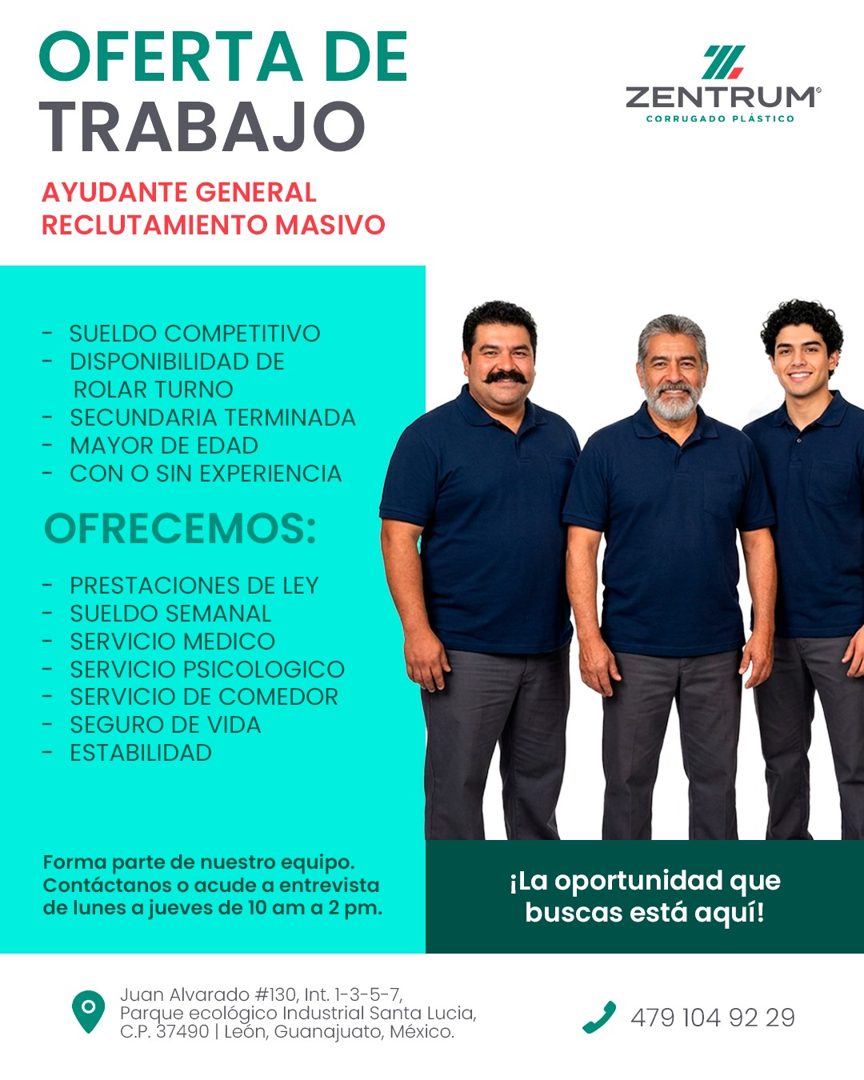 Banner del anuncio de la vacante: OFERTA DE · TRABAJO · AYUDANTE GENERAL · RECLUTAMIENTO MASIVO · ZENTRUM® · CORRUGADO PLÁSTICO · - SUELDO COMPETITIVO · - DISPONIBILIDAD DE ·