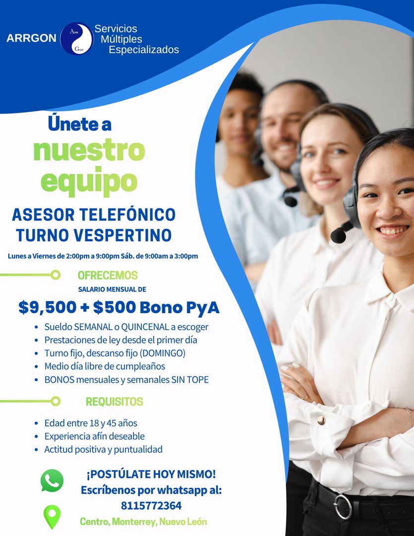 Banner del anuncio de la vacante: ARRGON · ARR · Servicios · Múltiples · Especializados · Unete a · nuestro · equipo · ASESOR TELEFÓNICO · TURNO VESPERTINO · Lunes a Viernes 