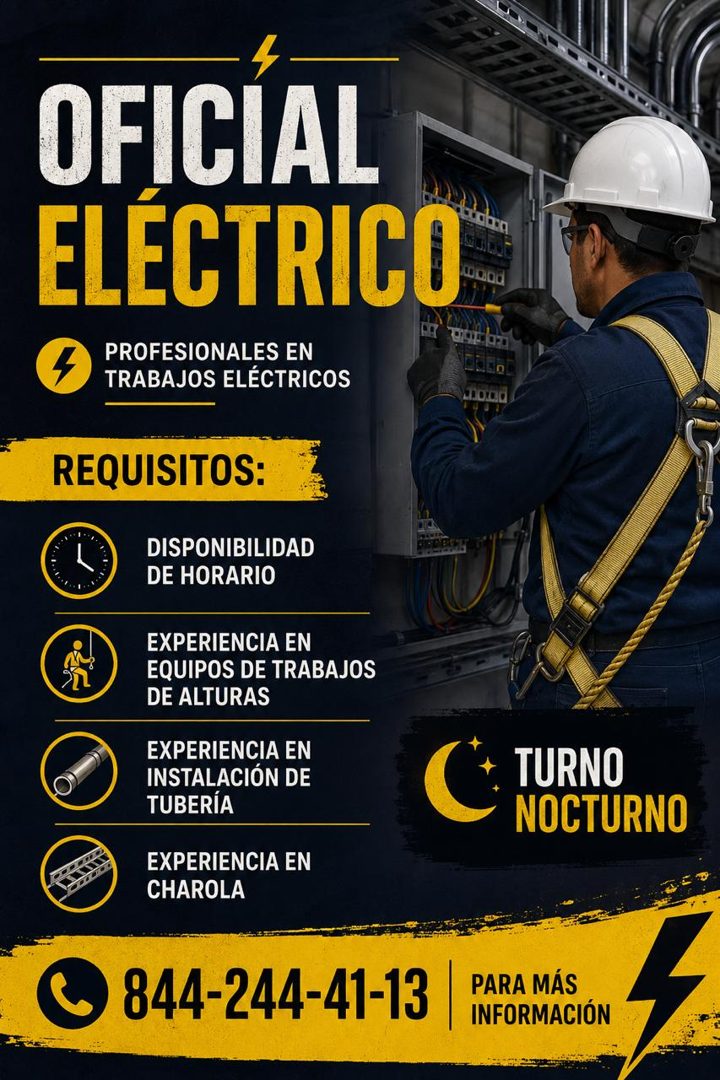 Banner del anuncio de la vacante: OFICIAL · ELÉCTRICO · ciad · PROFESIONALES EN · TRABAJOS ELÉCTRICOS · mond · REQUISITOS: · DISPONIBILIDAD · DE HORARIO · EXPERIENCIA EN · EQ