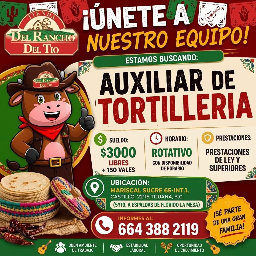 Banner del anuncio de la vacante: 71 · N · DEL RANCHO · DEL TIO · DEL RANCHO · DaL Tio · ¡ÚNETE A · NUESTRO EQUIPO! · ESTAMOS BUSCANDO: · AUXILIAR DE · TORTILLERIA · $ · SUEL