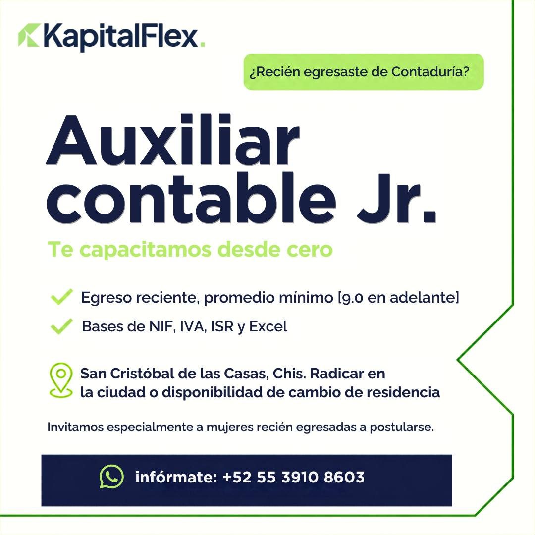 Banner del anuncio de la vacante: < KapitalFlex · ¿Recién egresaste de Contaduría? · Auxiliar · contable Jr. · Te capacitamos desde cero · Egreso reciente, promedio mínimo lg