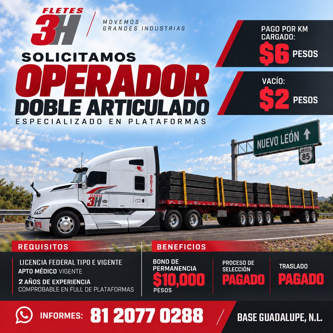 Banner del anuncio de la vacante: FLETES · MOVEMOS · GRANDES INDUSTRIAS · PAGO POR KM · CARGADO: · SOLICITAMOS · OPERADOR · DOBLE ARTICULADO · ESPECIALIZADO EN PLATAFORMAS · 