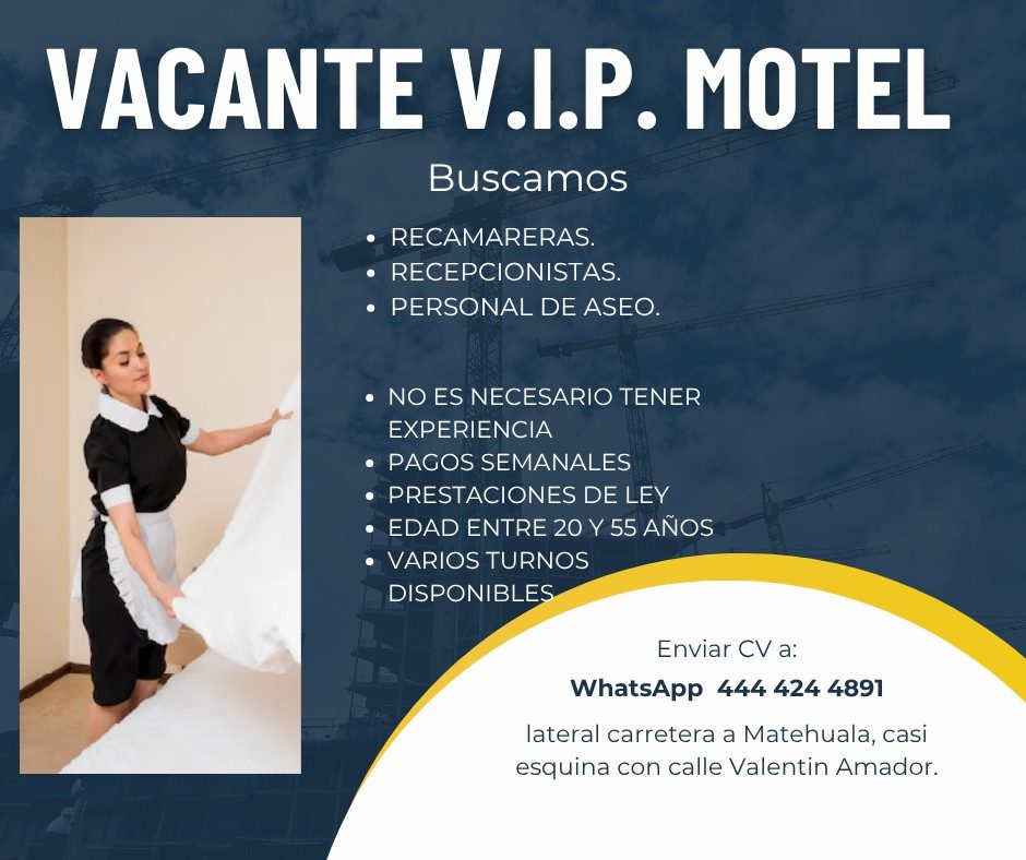 Banner del anuncio de la vacante: VACANTE V.I.P. MOTEL · Buscamos · • RECAMARERAS. · • RECEPCIONISTAS. · • PERSONAL DE ASEO. · • NO ES NECESARIO TENER · EXPERIENCIA · • PAGOS