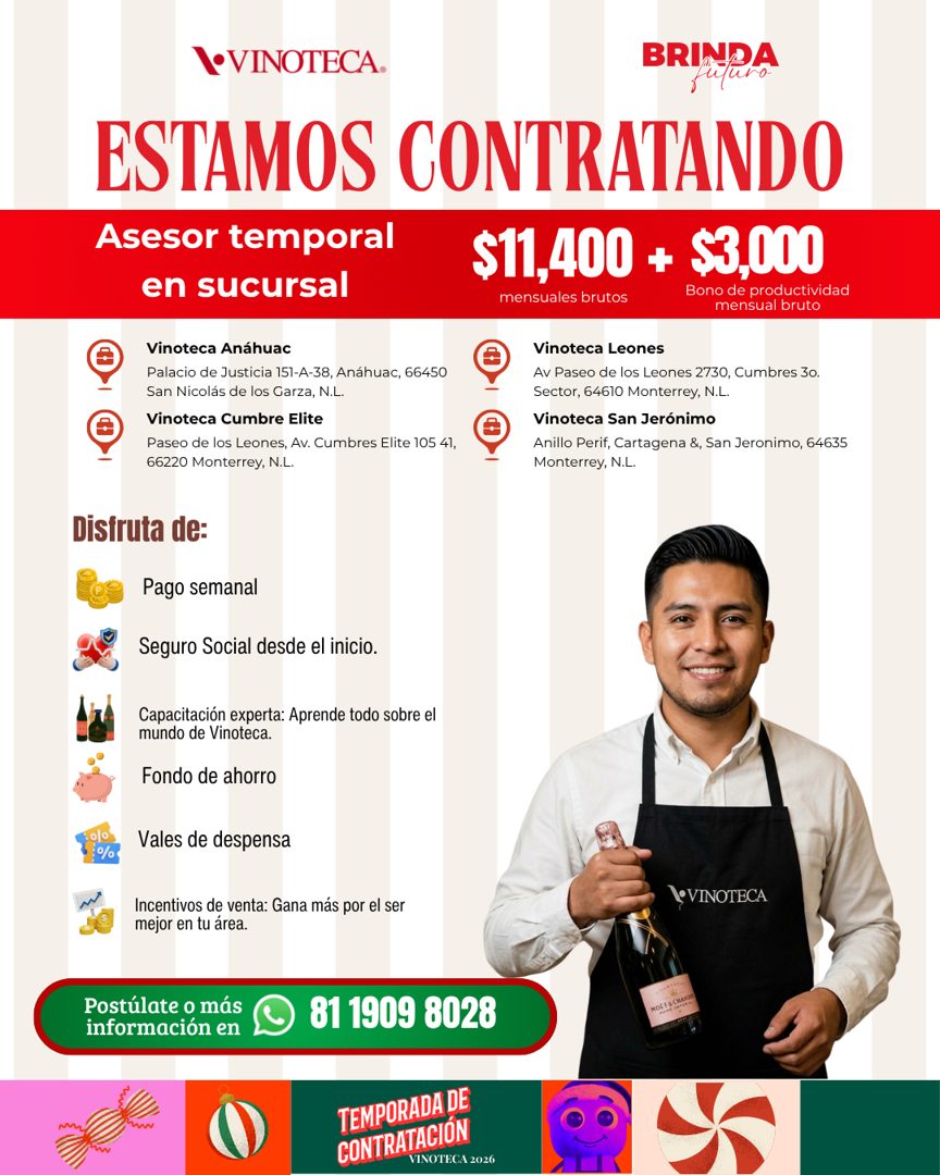 Banner del anuncio de la vacante: \•VINOTECA. · BRI-DA · muro · ESTAMOS CONTRATANDO · Asesor temporal · en sucursal · $11,400 + $3,000 · mensuales brutos · Bono de productivi