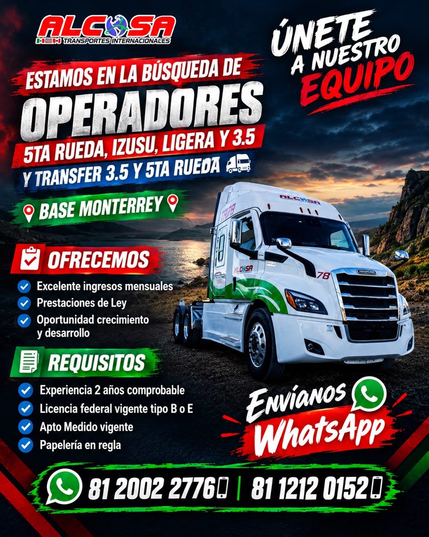 Banner del anuncio de la vacante: ALGOSA · C HILO TRANSPORTES INTERNACIONALES · ESTAMOS EN LA BÚSQUEDA DE · OPERADORES · 5TA RUEDA, IZUSU, LIGERA Y 3.5 · Y TRANSFER 3.5 Y 5TA