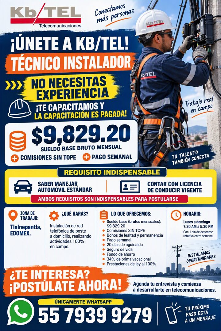 Banner del anuncio de la vacante: Kb/TEL · Conectamos · más personas · Telecomunicaciones · ¡ÚNETE A KB/TEL! · TÉCNICO INSTALADOR · KO TEL · + · NO NECESITAS · EXPERIENCIA · 