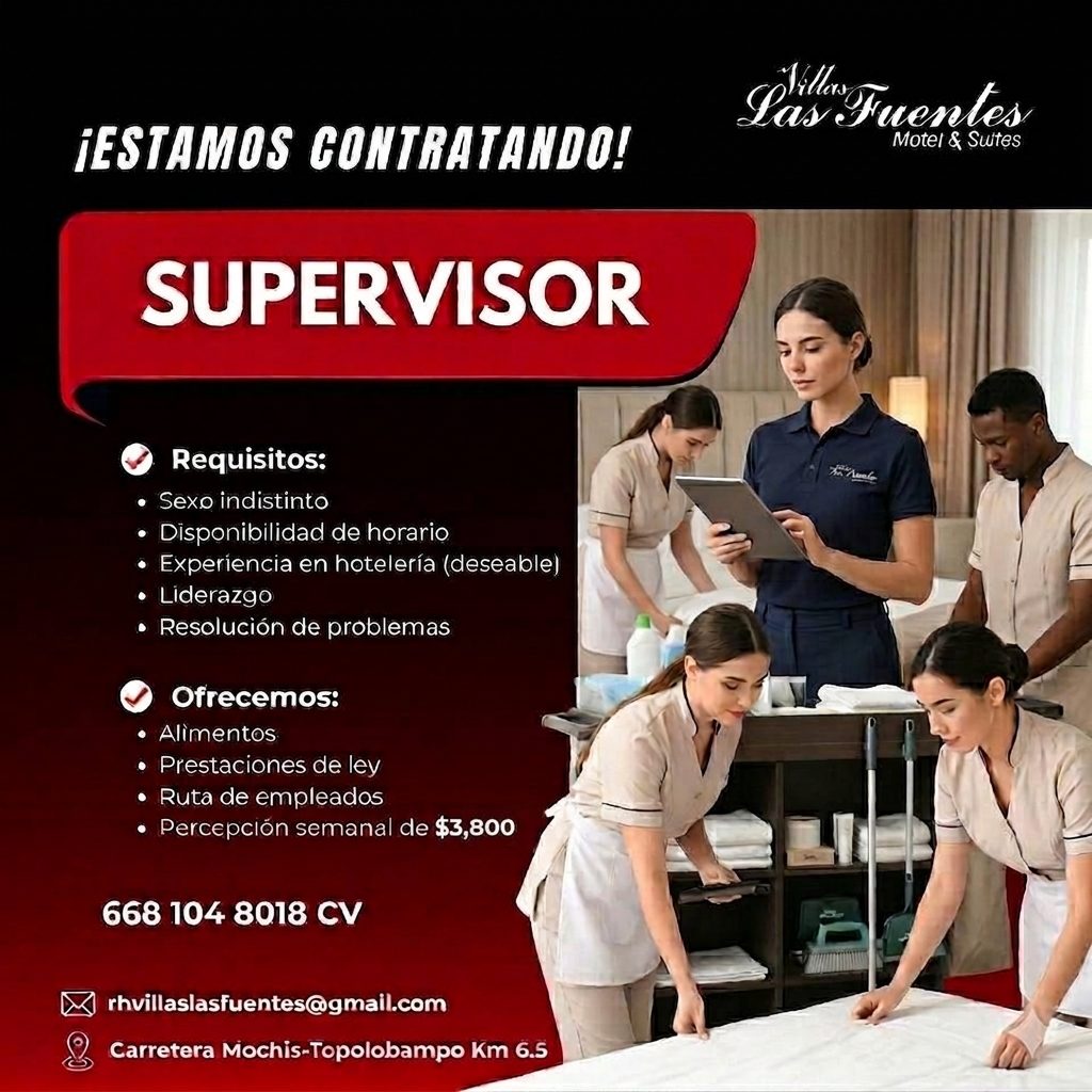 Banner del anuncio de la vacante: ¡ESTAMOS CONTRATANDO! · La Frentes · Motel & Sutes · SUPERVISOR · Requisitos: · • Sexo indistinto · • Disponibilidad de horario · • Experien