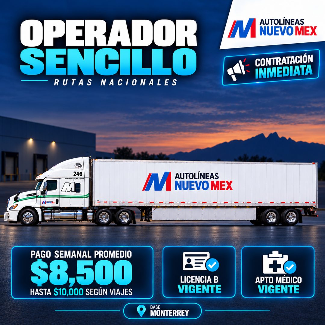 Banner del anuncio de la vacante: OPERADOR · SENCILLO · RUTAS NACIONALES · M · AUTOLÍNEAS · I NUEVO MEX · CONTRATACIÓN · INMEDIATA · 246 · WWW.NUETONEX.COM · LMO · AUTOLÍNEAS