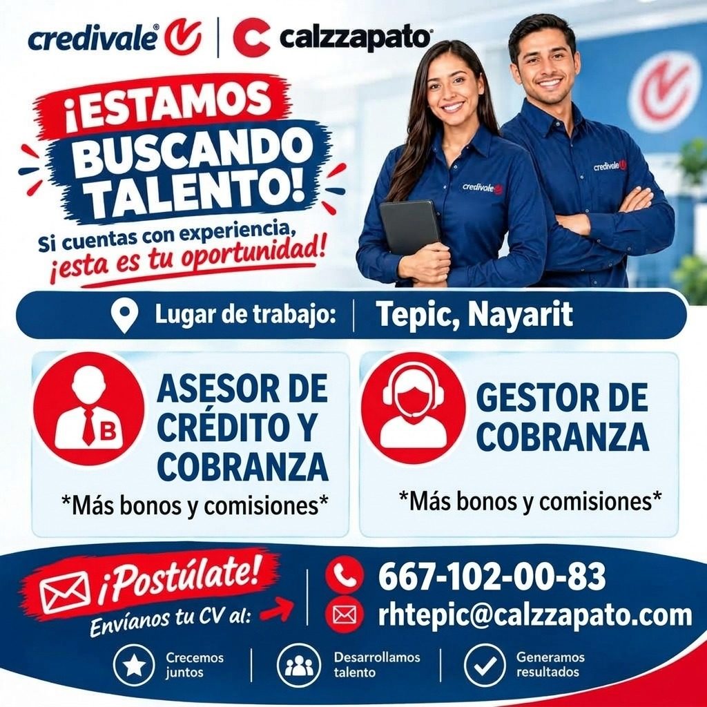 Banner del anuncio de la vacante: credivale · V 1 C calzzapato: · ¡ESTAMOS · BUSCANDO · TALENTO! · Si cuentas con experiencia, · ¡esta es tu oportunidad! · Lugar de trabajo: 