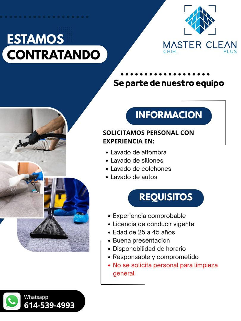 Banner del anuncio de la vacante: ESTAMOS · CONTRATANDO · L · MASTER CLEAN · CHIH. · PLUS · •...... · Se parte de nuestro equipo · INFORMACION · SOLICITAMOS PERSONAL CON · EX
