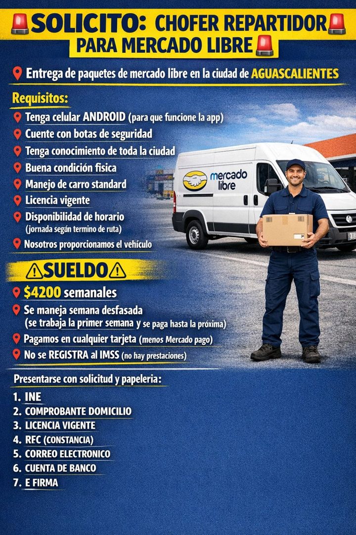 Banner del anuncio de la vacante: A SOLICITO: CHOFER REPARTIDORA · PARA MERCADO LIBRE · Entrega de paquetes de mercado libre en la ciudad de AGUASCALIENTES · Requisitos: · Te