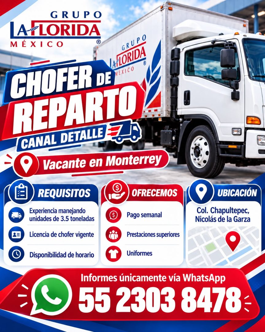 Banner del anuncio de la vacante: GRUPO · AYLORIDA · MÉXICO · GRUPO · CHOFER DE · LATORIDA · MÉXICO · REPARTO · CANAL DETALLE · Vacante en Monterrey · REQUISITOS · OFRECEMOS 