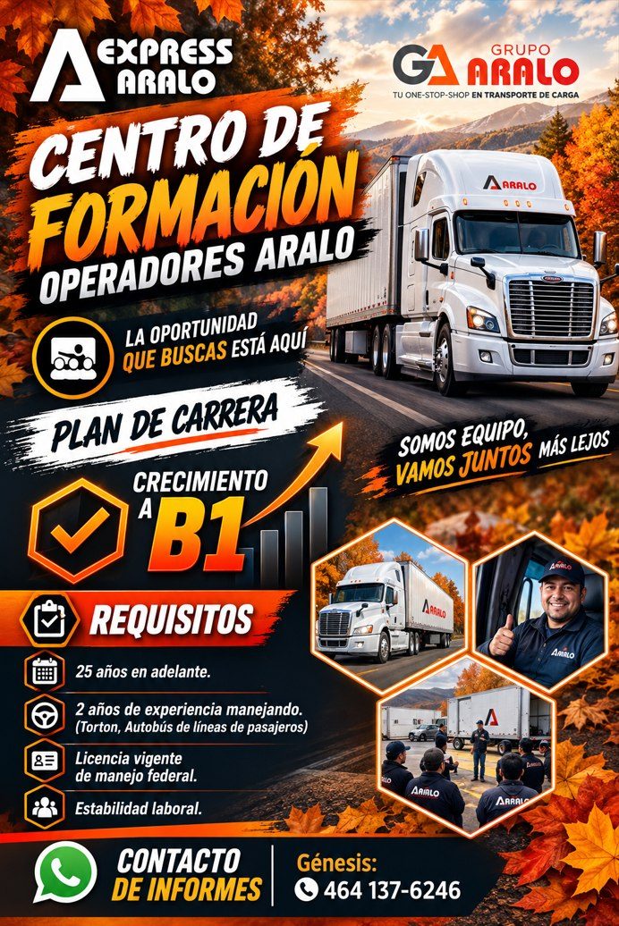 Banner del anuncio de la vacante: EXPRESS · ARALO · CENTRO DE · FORMACION · OPERADORES ARALO · LA OPORTUNIDAD · QUE BUSCAS ESTÁ AQUÍ · PLAN DE CARRERA · CRECIMIENTO · 'B1 · R