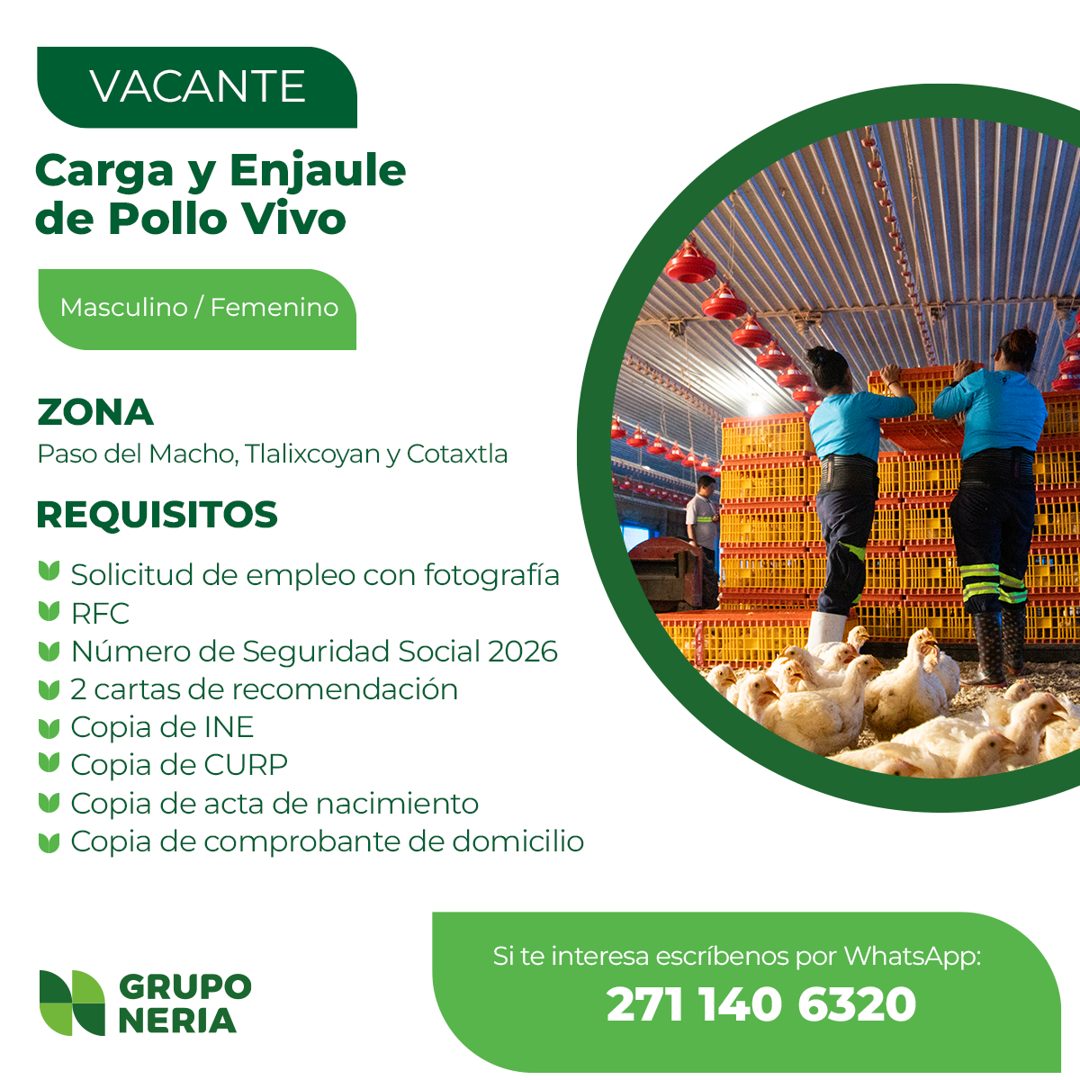 Banner del anuncio de la vacante: VACANTE · Carga y Enjaule · de Pollo Vivo · Masculino/ Femenino · ZONA · Paso del Macho, Tlalixcoyan y Cotaxtia · REQUISITOS · • Solicitud d