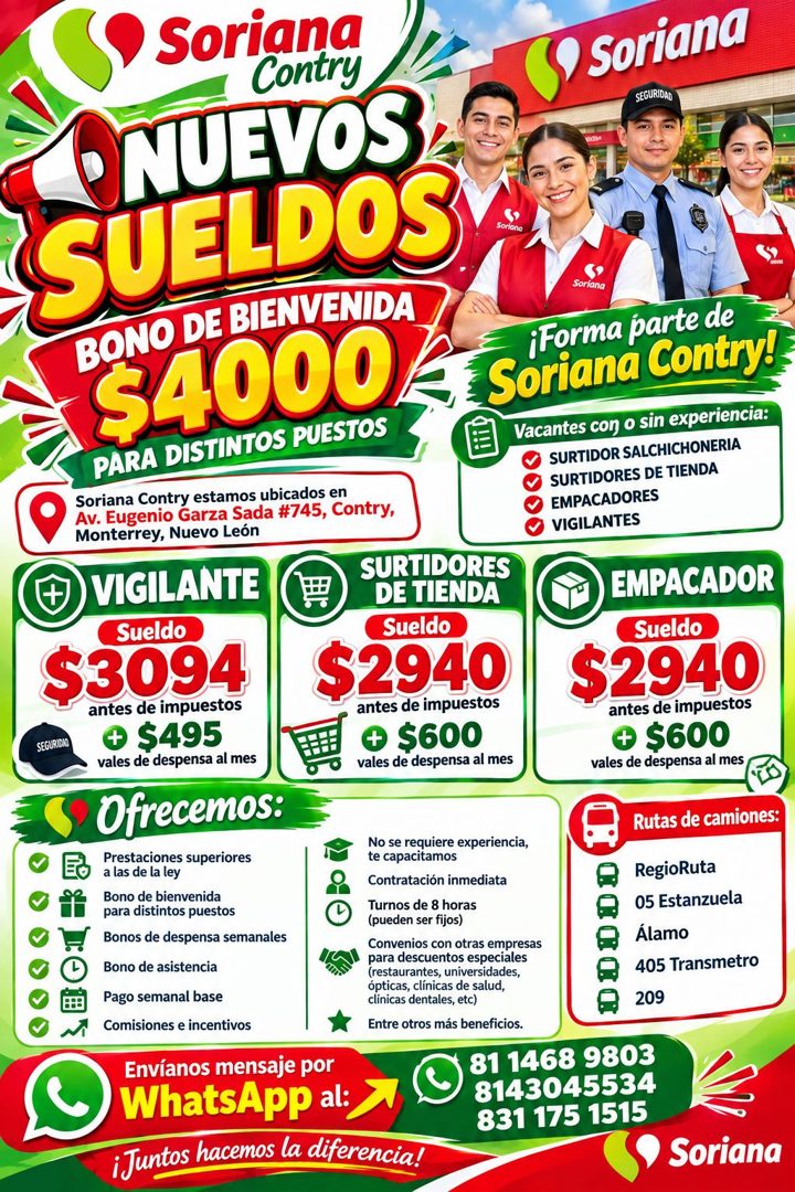 Banner del anuncio de la vacante: Soriana · Contry · NUEVOS · SUELDOS · BONO DE BIENVENIDA · S4000k · PARA DISTINTOS PUESTOS · Soriana Contry estamos ubicados en · Av. Eugeni