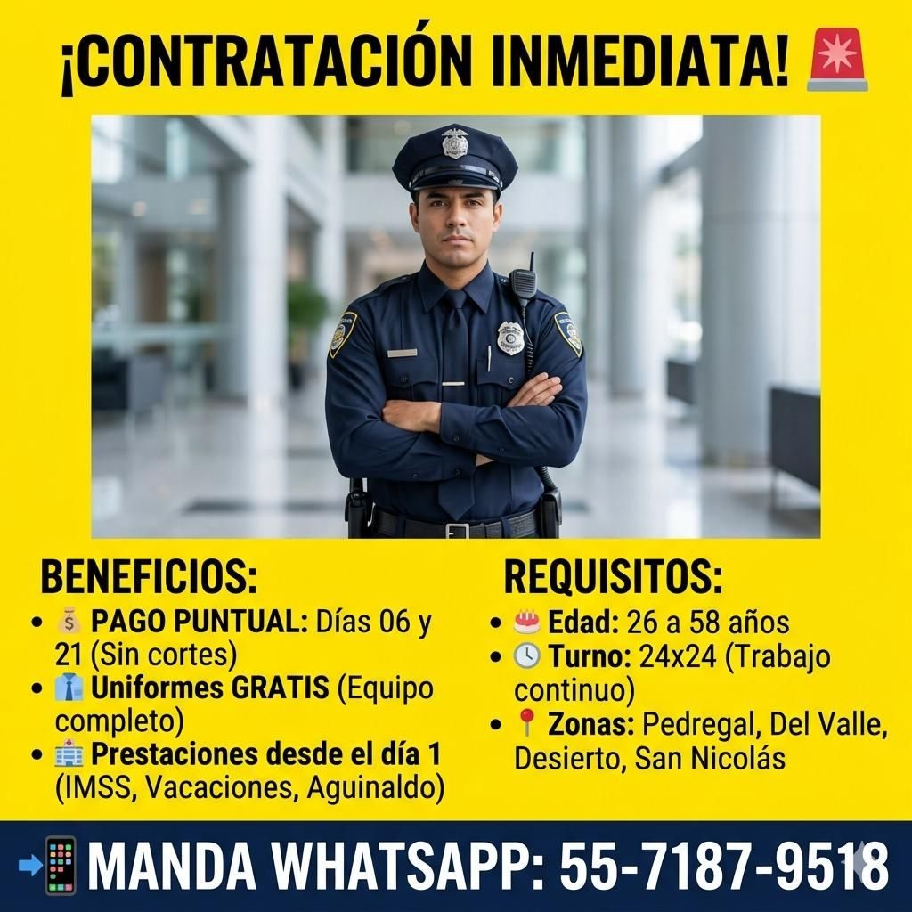 Banner del anuncio de la vacante: ¡CONTRATACIÓN INMEDIATA! · BENEFICIOS: · • 5 PAGO PUNTUAL: Días 06 y · 21 (Sin cortes) · • · • i Uniformes GRATIS (Equipo · completo) · • É 