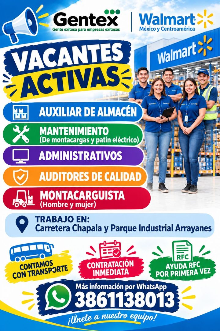 Banner del anuncio de la vacante: Gentex · Gente exitosa para empresas exitosas · Walmart · México y Centroamérica · VACANTES · - ACTIVAS- · AUXILIAR DE ALMACÉN · MANTENIMIEN