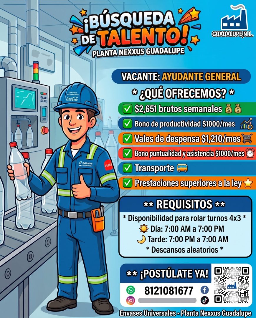 Banner del anuncio de la vacante: BÚSQUEDA · A DETALENTO!. · D PATA NEXTUS CUADALUPE O · GUADALUPE NIL. · OFRORIJE · Coca Cela · ENOBADAS · VACANTE: AYUDANTE GENERAL · ¿QUÉ O