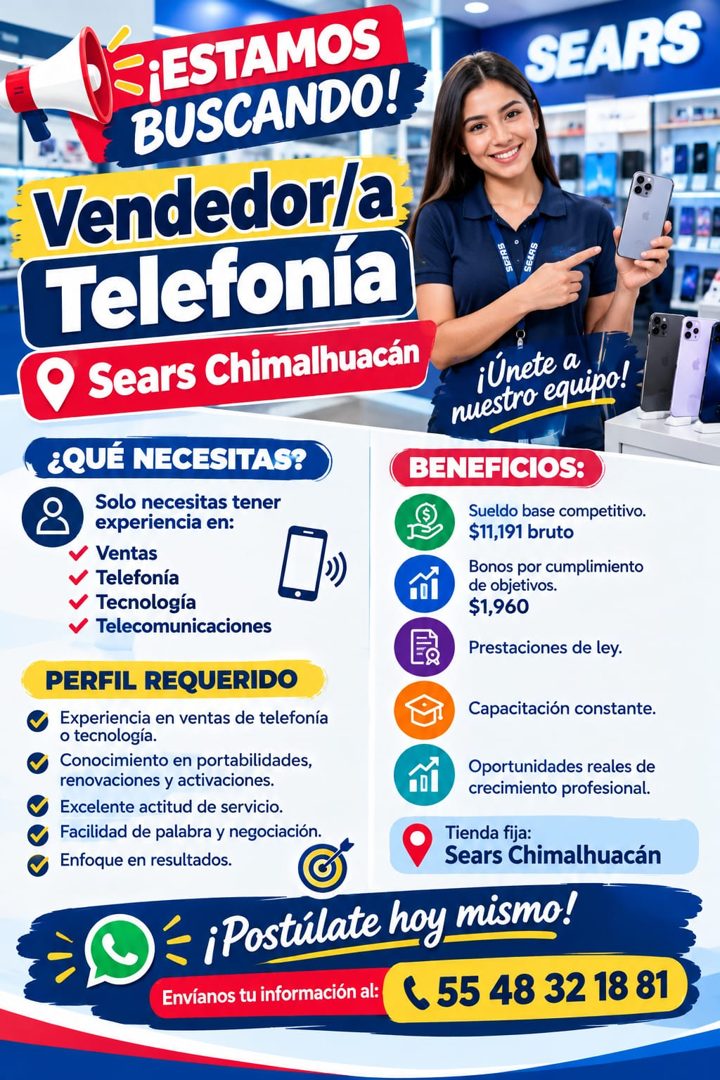 Banner del anuncio de la vacante: -¡ESTAMOS · BUSCANDO! · Vendedor/a · Telefonía · • Sears Chimalhuacán · SEARS · SBEUS · SEARS · : Unete a · nuestro equipo! · ¿QUÉ NECESITAS
