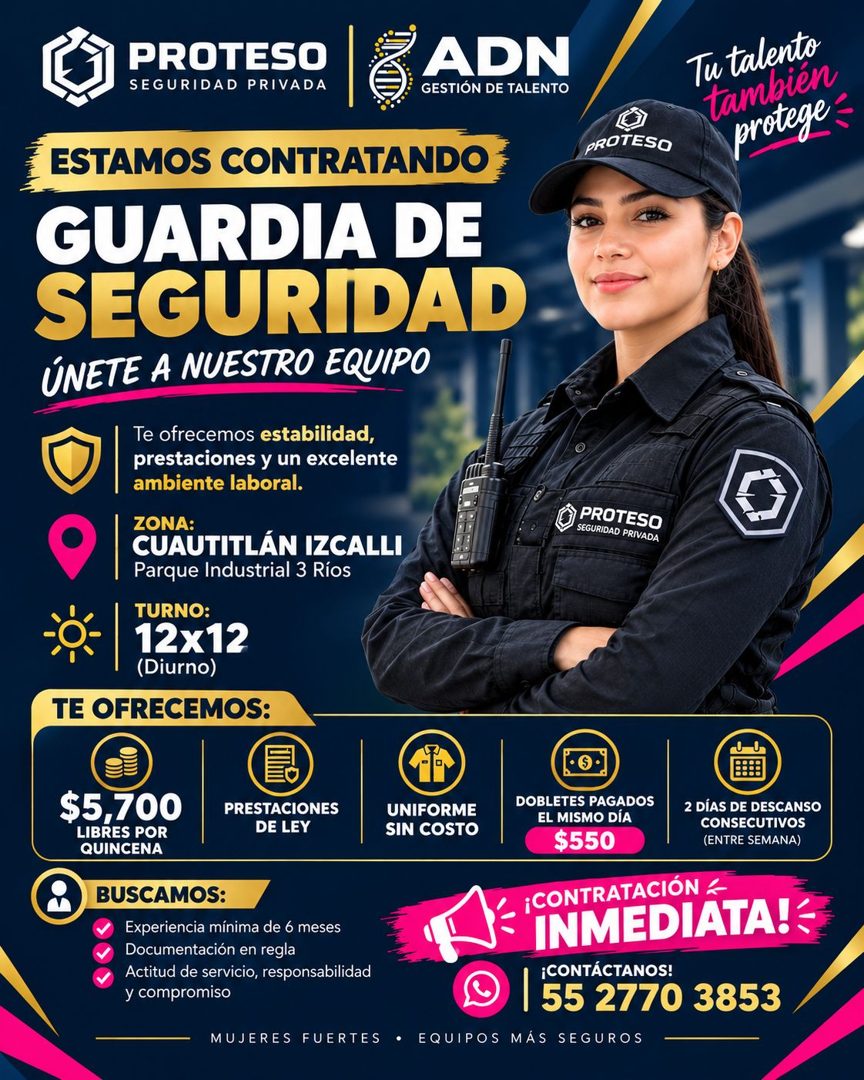 Banner del anuncio de la vacante: PROTESO · SEGURIDAD PRIVADA · ADN · GESTIÓN DE TALENTO · ESTAMOS CONTRATANDO · GUARDIA DE · SEGURIDAD · ÚNETE A NUESTRO EQUIPO · Te ofrecemo