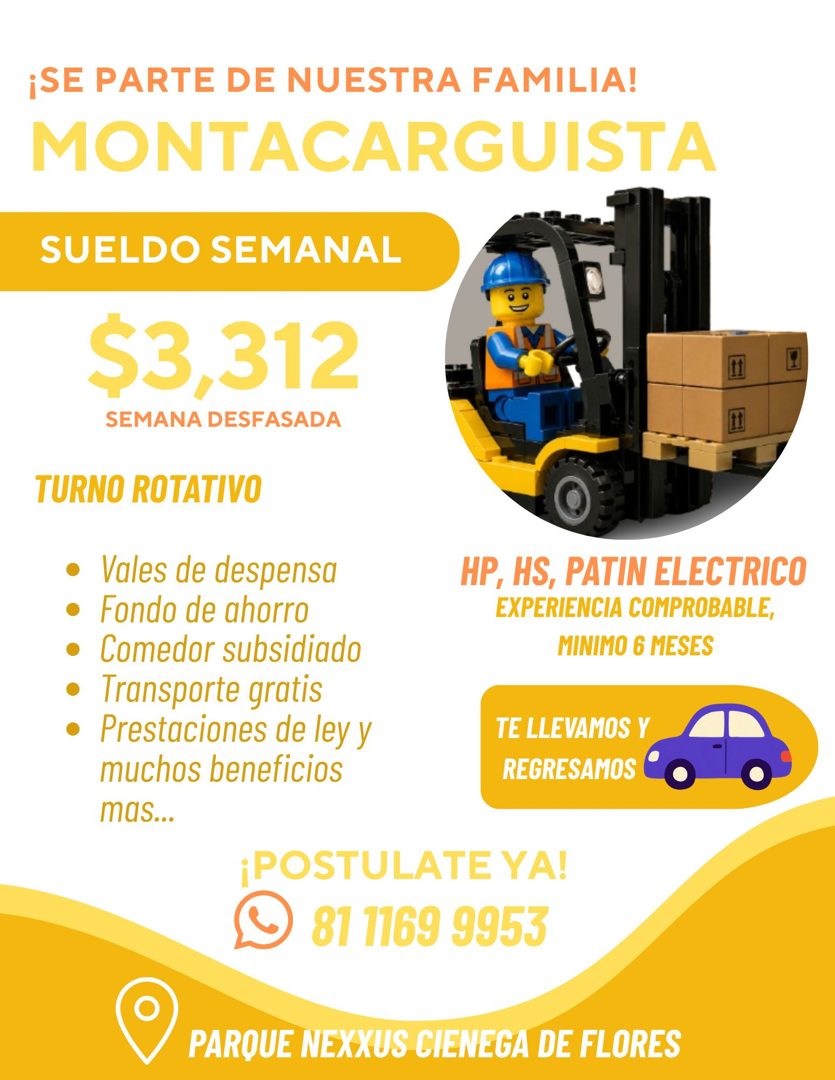 Banner del anuncio de la vacante: ¡SE PARTE DE NUESTRA FAMILIA! · MONTACARGUISTA · SUELDO SEMANAL · $3,312 · SEMANA DESFASADA · TURNO ROTATIVO · • Vales de despensa · • Fondo