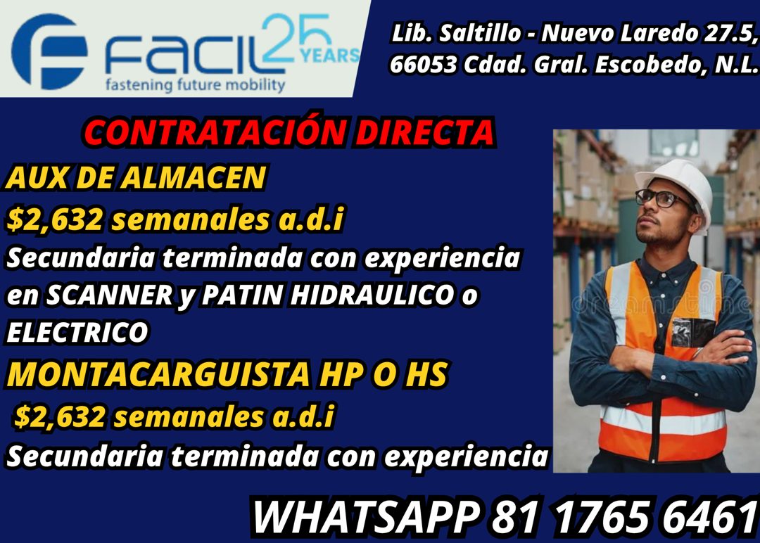 Banner del anuncio de la vacante: Faci2a · YEARS · Lib. Saltillo - Nuevo Laredo 27.5, · 66053 Cdad. Gral. Escobedo, N.L. · fastening future mobility · CONTRATACIÓN DIRECTA · 