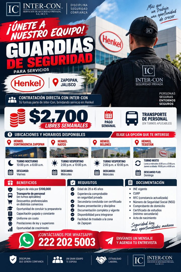 Banner del anuncio de la vacante: IC · INTER-CON · SERVICIOS DE SEGURIDAD PRIVADA. · S.A. DE C.V. · DISCIPLINA · SEGURIDAD · CONFIANZA · jÚNETE A · NUESTRO EQUIPO! · GUARDIAS