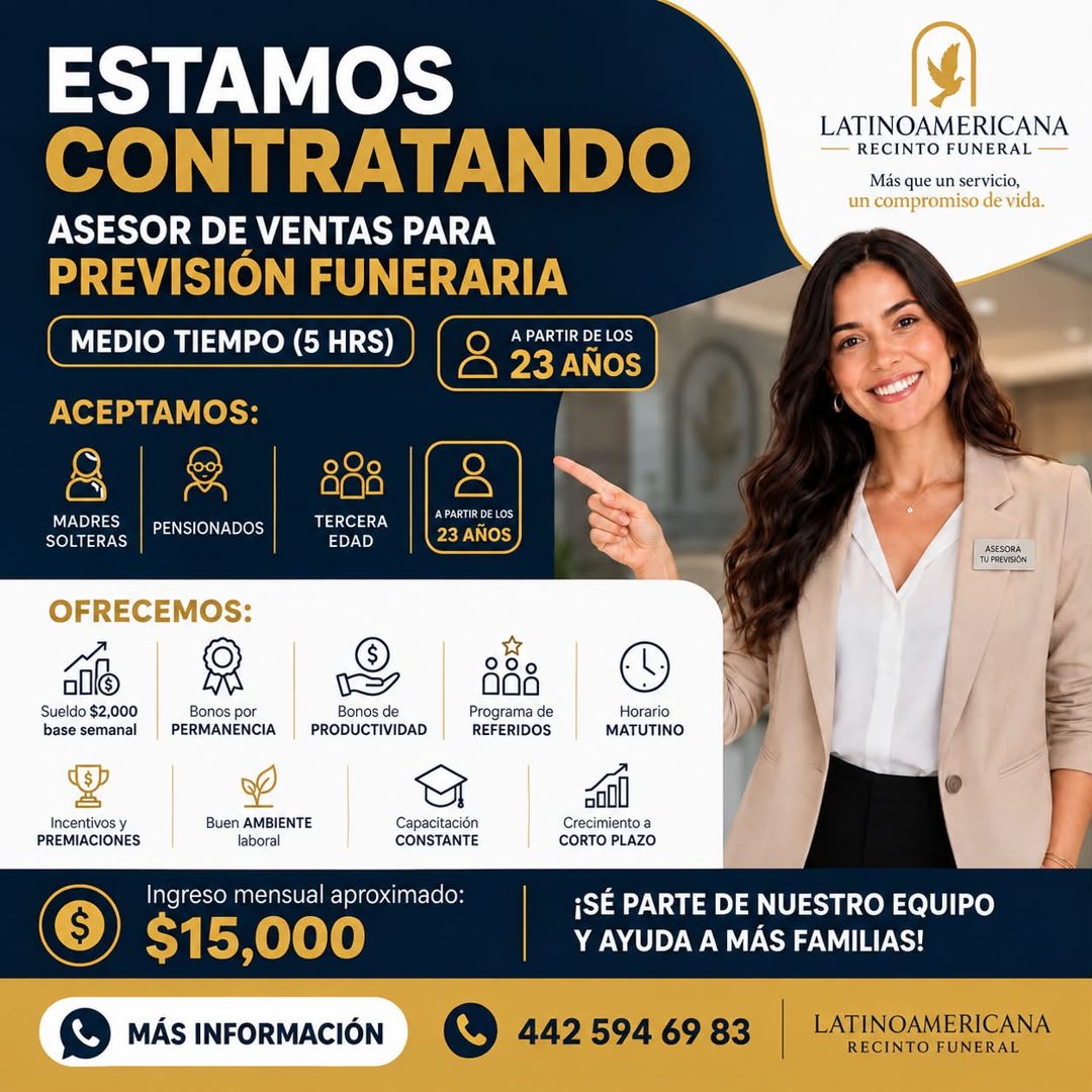 Banner del anuncio de la vacante: ESTAMOS · CONTRATANDO · ASESOR DE VENTAS PARA · PREVISIÓN FUNERARIA · MEDIO TIEMPO (5 HRS) · A PARTIR DE LOS · 23 AÑOS · ACEPTAMOS: · LATINO